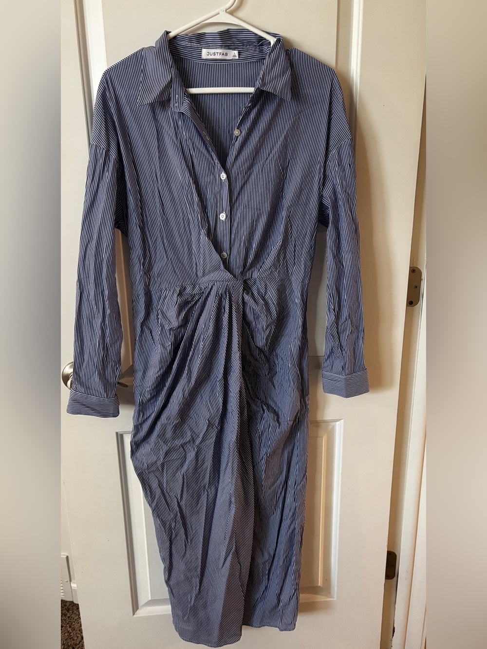 JustFab Navy Pinstripe Twist-Front Midi Shirt Dress